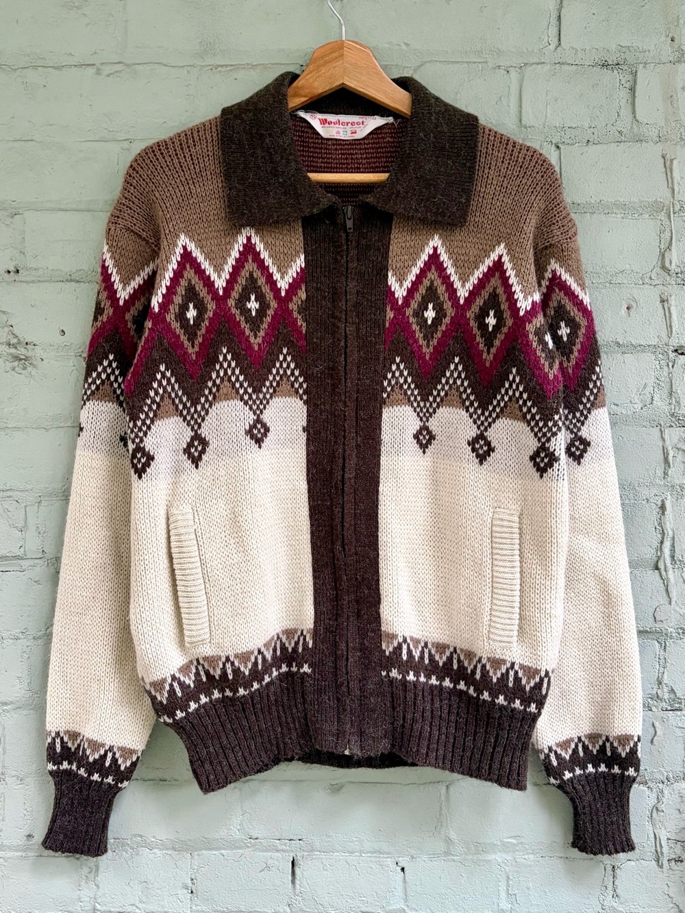 Vintage Zip-Up Fair Isle Sweater Jacket in Cream, Brown & Red